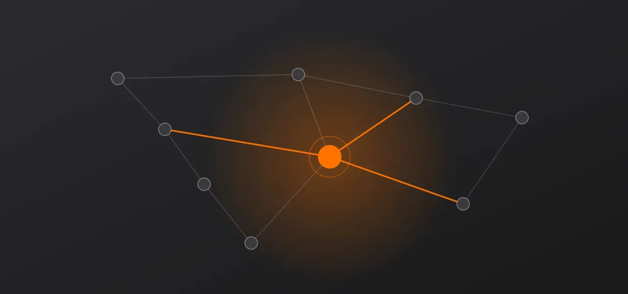 Abstract network of connected nodes with one highlighted orange node